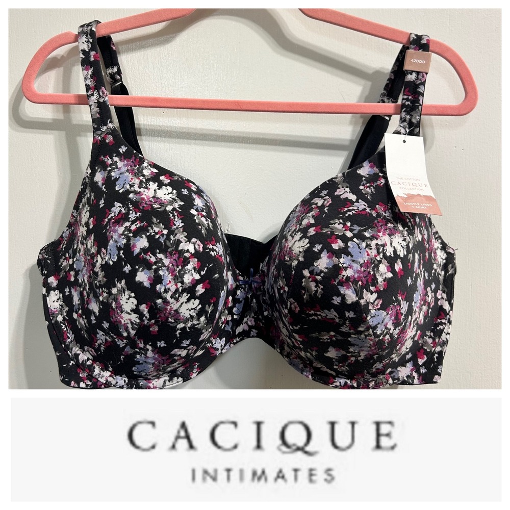 Cacique Intimates 42DDD Lightly Lined T-Shirt Bra Black Floral Cotton